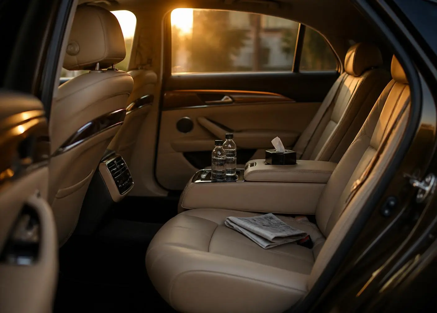 Luxury sedan interior with complimentary amenities